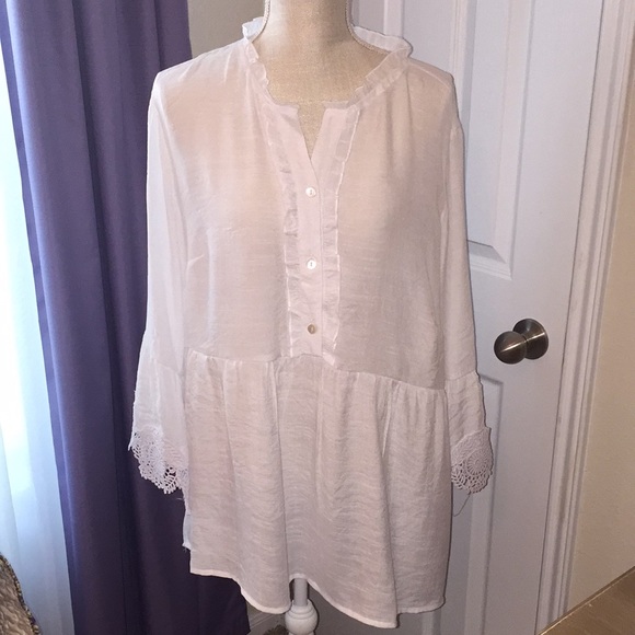 Cato Tops - White Lace Sleeve Top
